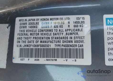 2015 Honda Cr-Z Ex из США, поврежденный, VIN JHMZF1D69FS002321